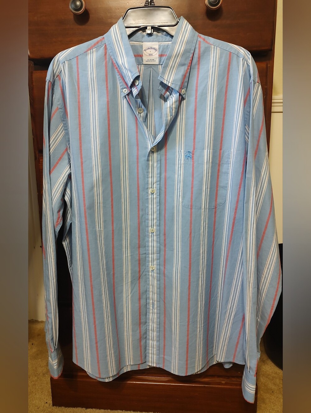 Brooks Brothers Classic Button-Down Men's Stripe Shirt - Light Blue Size Large